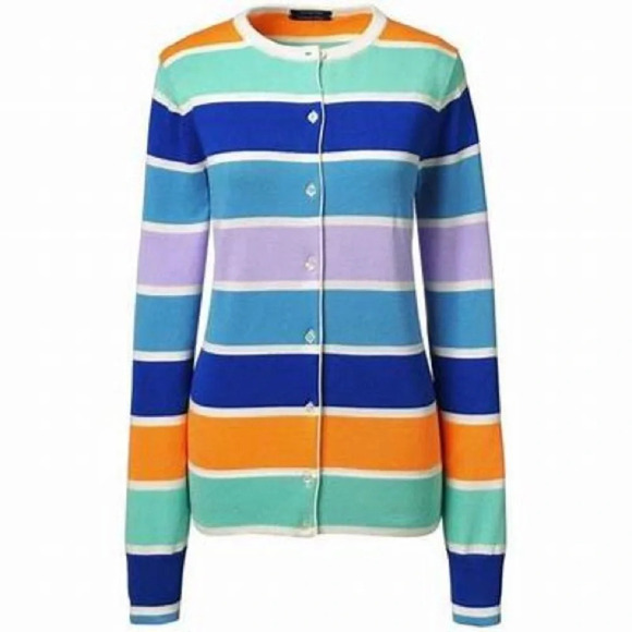 Lands’ End Tall Classic Supima Stripe Cardigan Sweater size Large - Picture 1 of 4